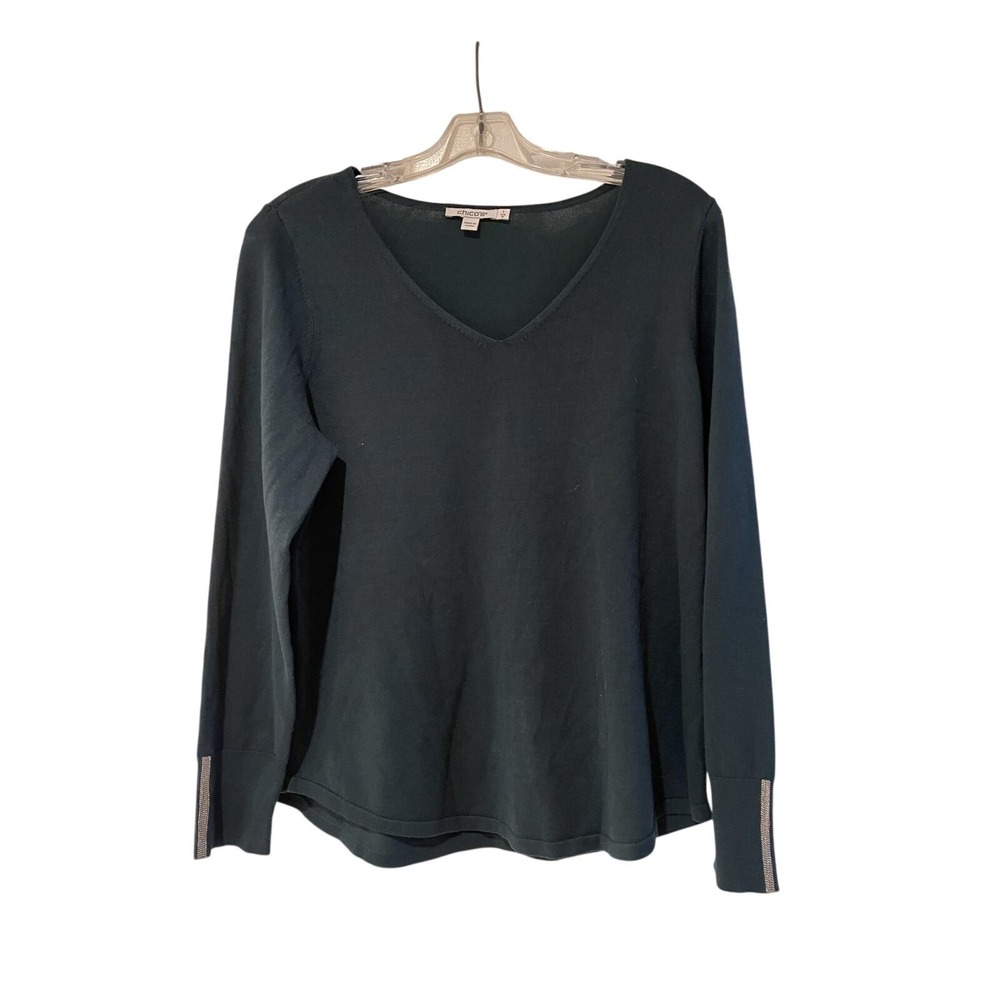 Chico's Women's Long Sleeve V-Neck Top Size 1 / Medium with silver accent